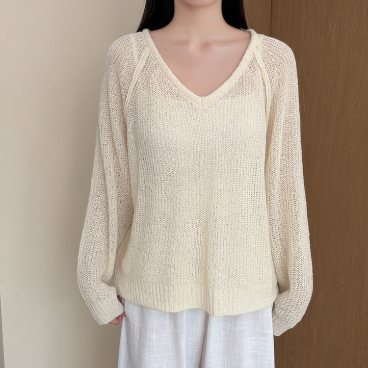 シースルーVネックブークレ長袖ニット(5color) BEIGE