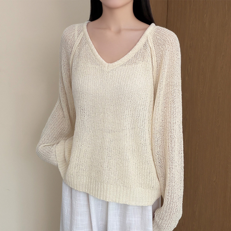 シースルーVネックブークレ長袖ニット(5color) BEIGE