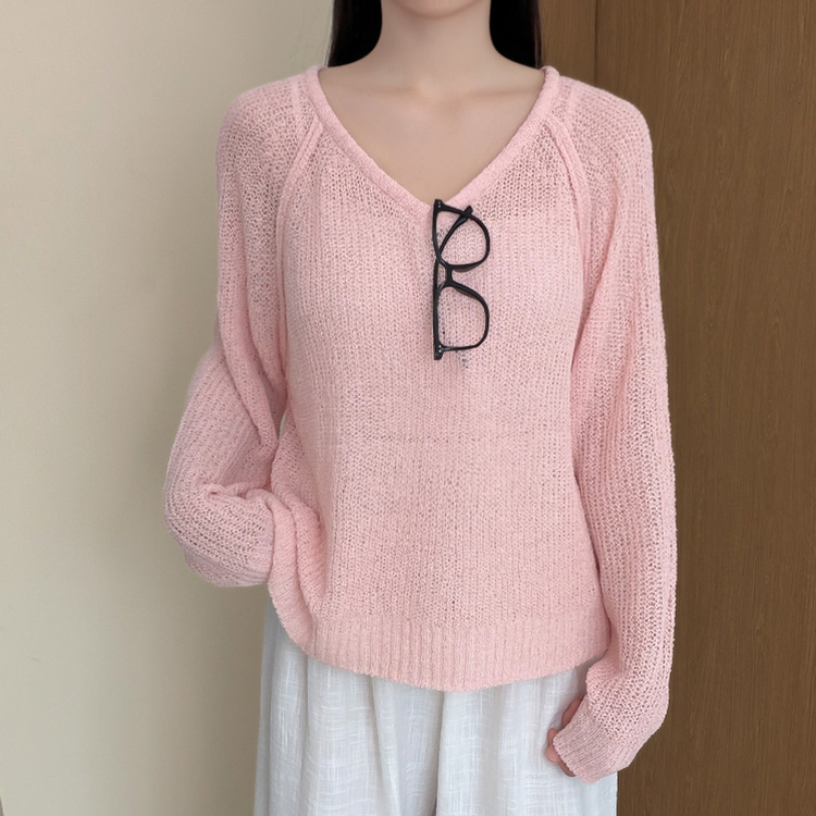 シースルーVネックブークレ長袖ニット(5color) PINK