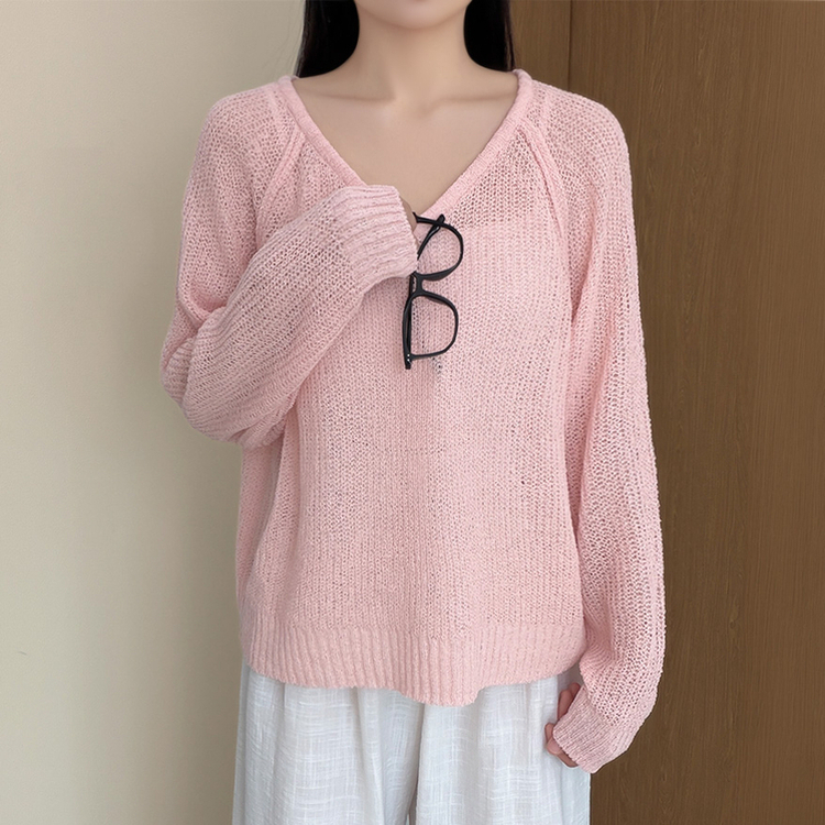 シースルーVネックブークレ長袖ニット(5color) PINK