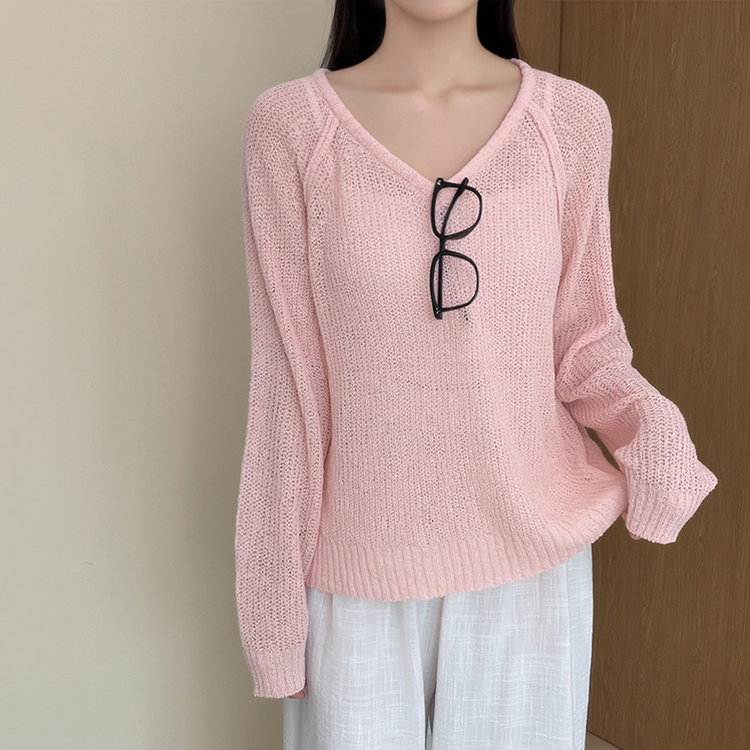 シースルーVネックブークレ長袖ニット(5color) PINK