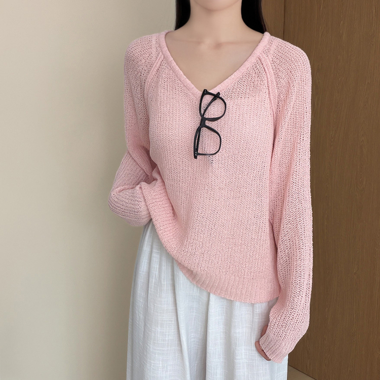 シースルーVネックブークレ長袖ニット(5color) PINK