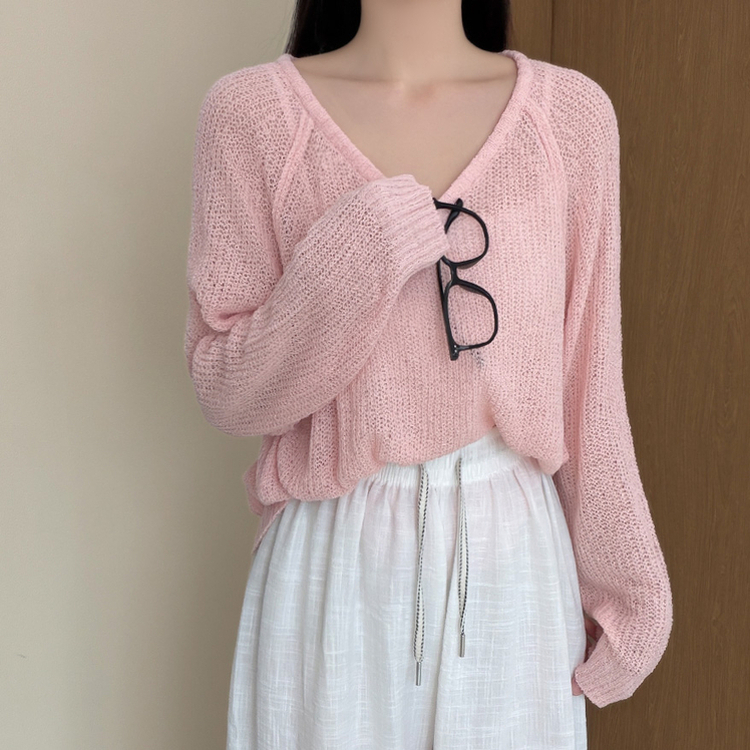 シースルーVネックブークレ長袖ニット(5color) PINK