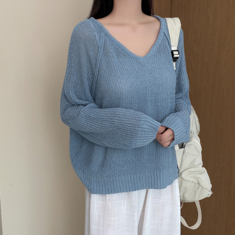シースルーVネックブークレ長袖ニット(5color) SKY BLUE