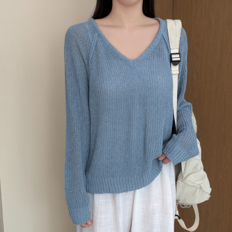 シースルーVネックブークレ長袖ニット(5color) SKY BLUE