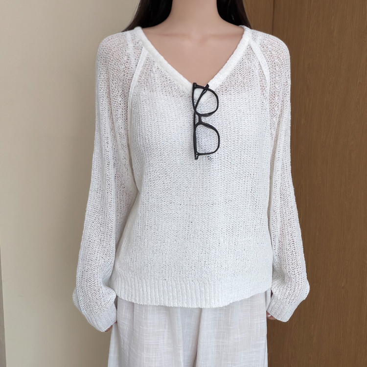 シースルーVネックブークレ長袖ニット(5color) IVORY