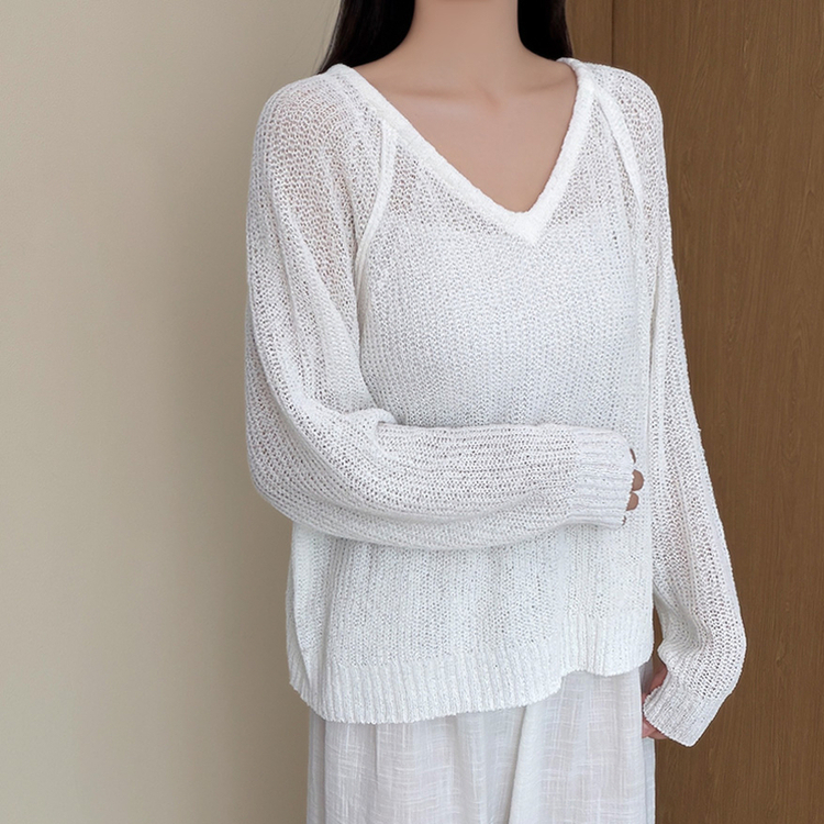 シースルーVネックブークレ長袖ニット(5color) IVORY