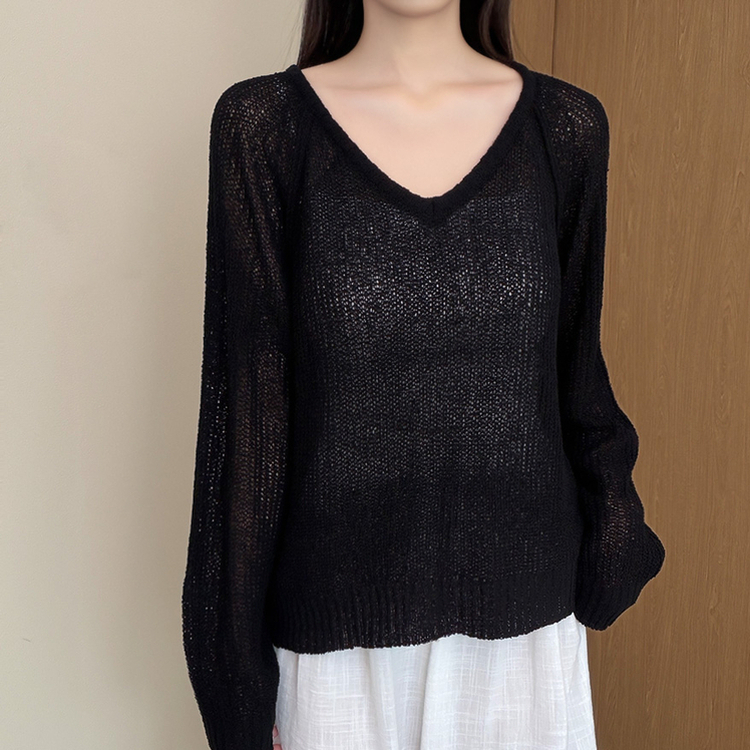 シースルーVネックブークレ長袖ニット(5color) NAVY