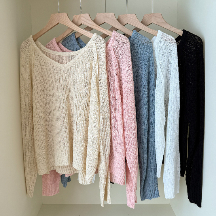 シースルーVネックブークレ長袖ニット(5color)