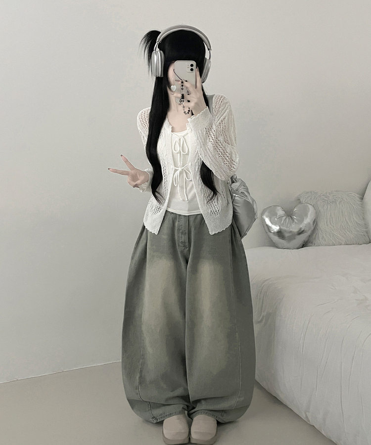 세오펀칭그물리본아일렛니트오픈가디건 아이보리
