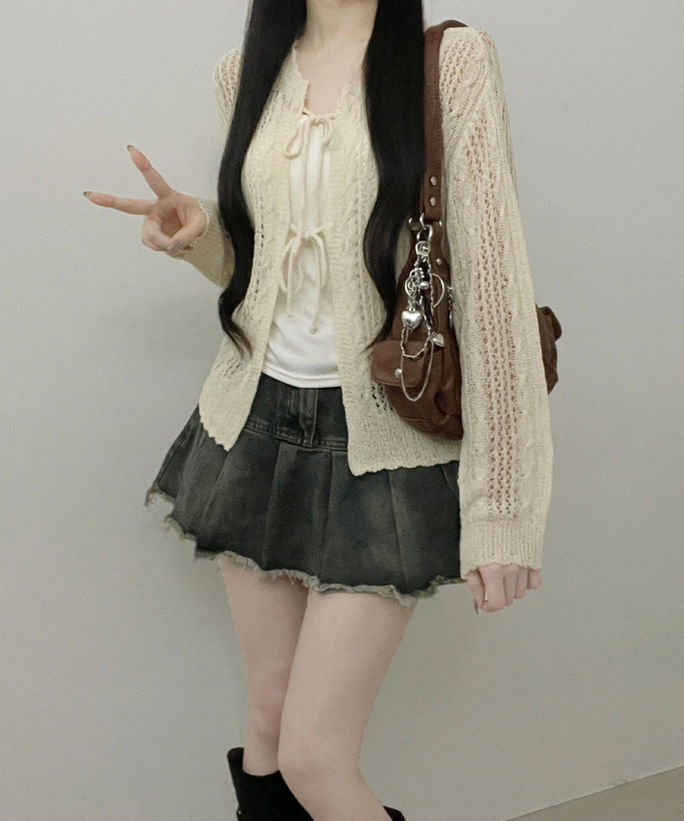 세오펀칭그물리본아일렛니트오픈가디건 베이지