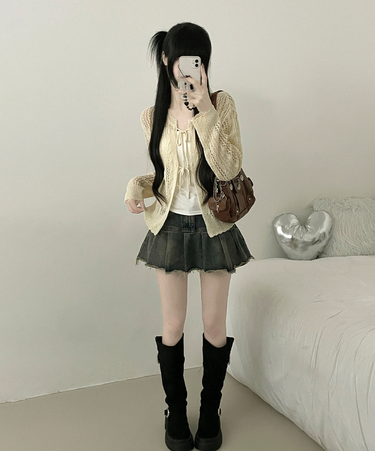 세오펀칭그물리본아일렛니트오픈가디건 베이지
