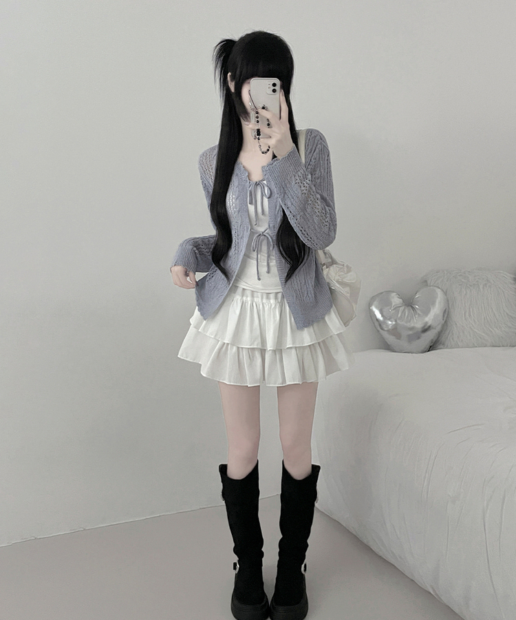 세오펀칭그물리본아일렛니트오픈가디건 소라