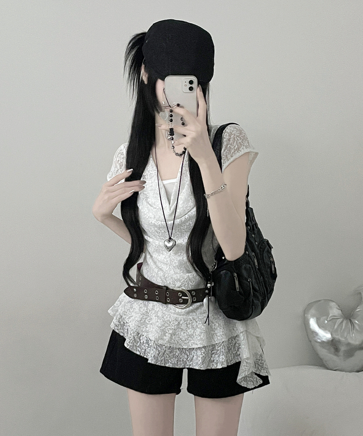 【ベルト付き】レースドレープアシメレイヤードブラウス WHITE