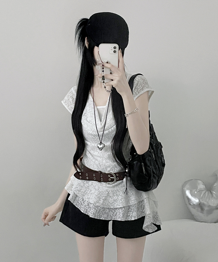 【ベルト付き】レースドレープアシメレイヤードブラウス WHITE