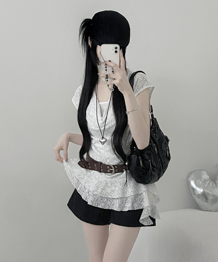 【ベルト付き】レースドレープアシメレイヤードブラウス WHITE