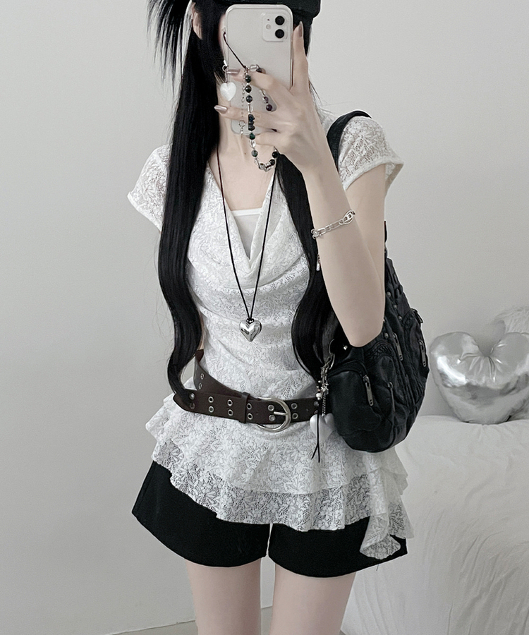 【ベルト付き】レースドレープアシメレイヤードブラウス WHITE
