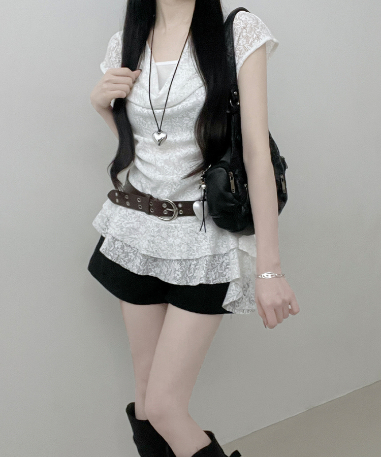 【ベルト付き】レースドレープアシメレイヤードブラウス WHITE