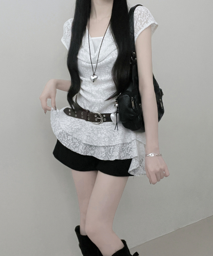 【ベルト付き】レースドレープアシメレイヤードブラウス WHITE