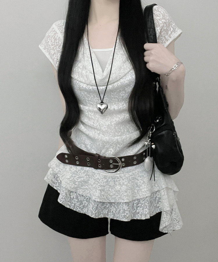 【ベルト付き】レースドレープアシメレイヤードブラウス WHITE