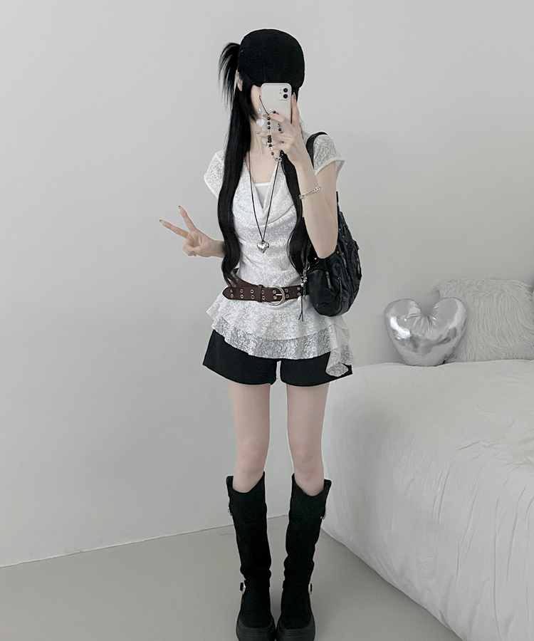 【ベルト付き】レースドレープアシメレイヤードブラウス WHITE