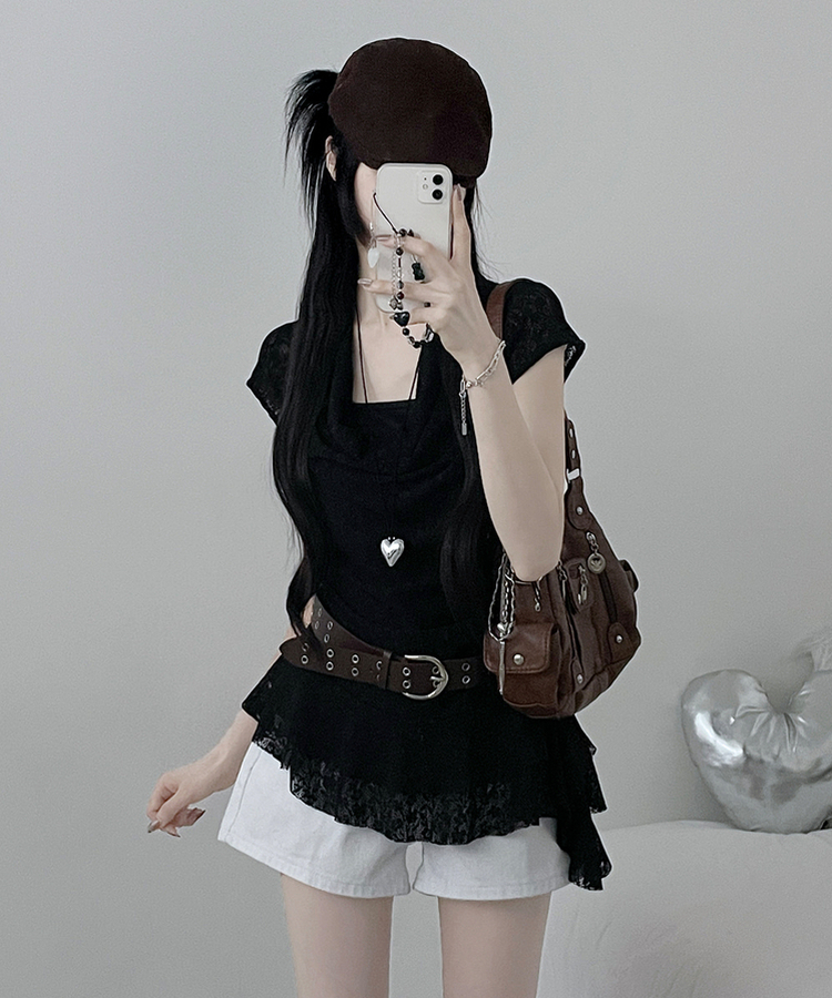 【ベルト付き】レースドレープアシメレイヤードブラウス BLACK