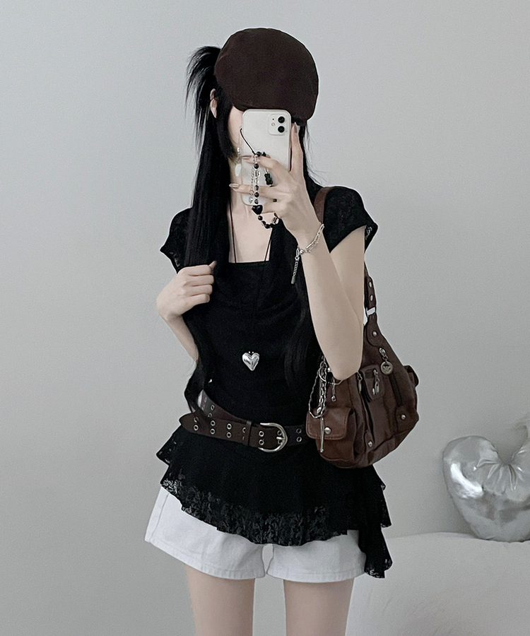 【ベルト付き】レースドレープアシメレイヤードブラウス BLACK