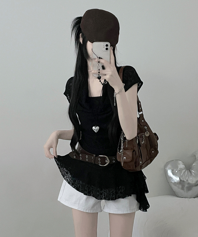 【ベルト付き】レースドレープアシメレイヤードブラウス BLACK