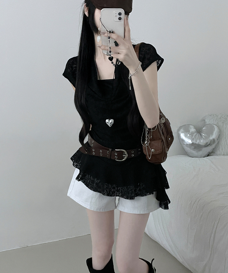 【ベルト付き】レースドレープアシメレイヤードブラウス BLACK