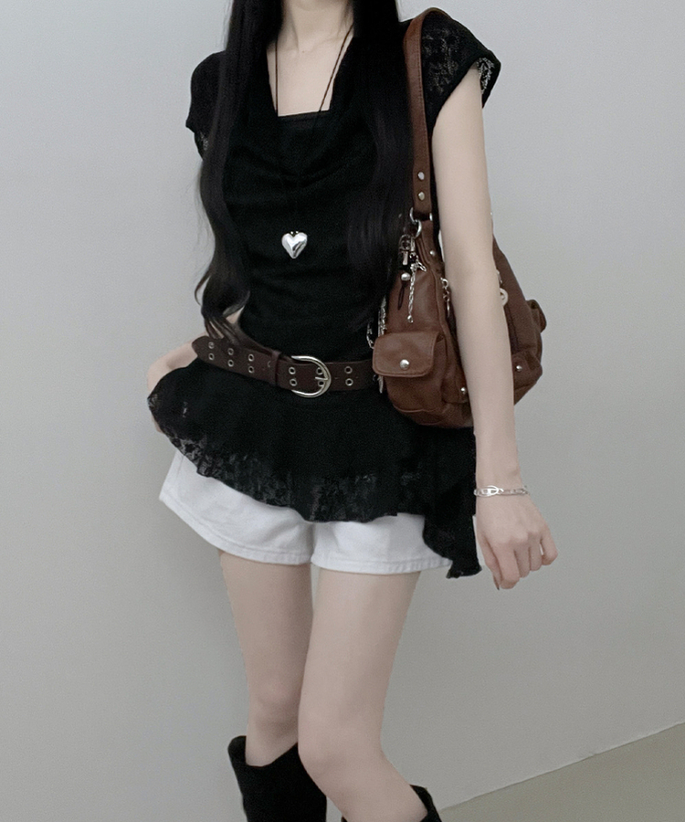 【ベルト付き】レースドレープアシメレイヤードブラウス BLACK