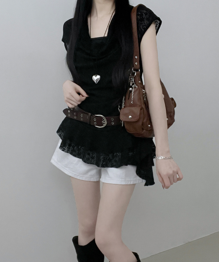 【ベルト付き】レースドレープアシメレイヤードブラウス BLACK