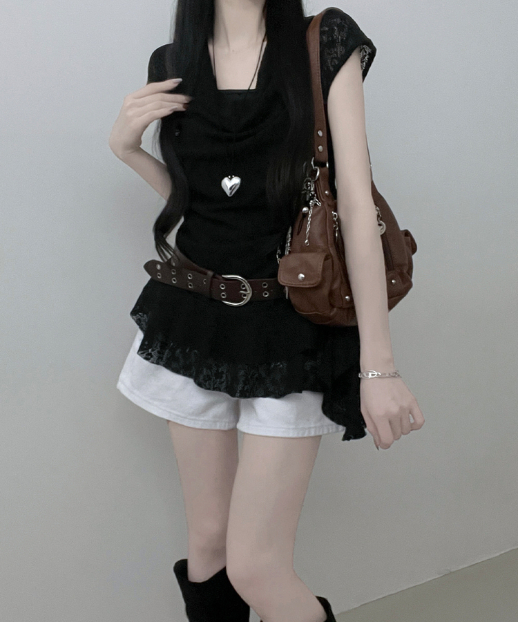 【ベルト付き】レースドレープアシメレイヤードブラウス BLACK