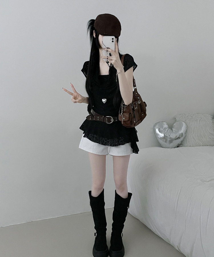 【ベルト付き】レースドレープアシメレイヤードブラウス BLACK