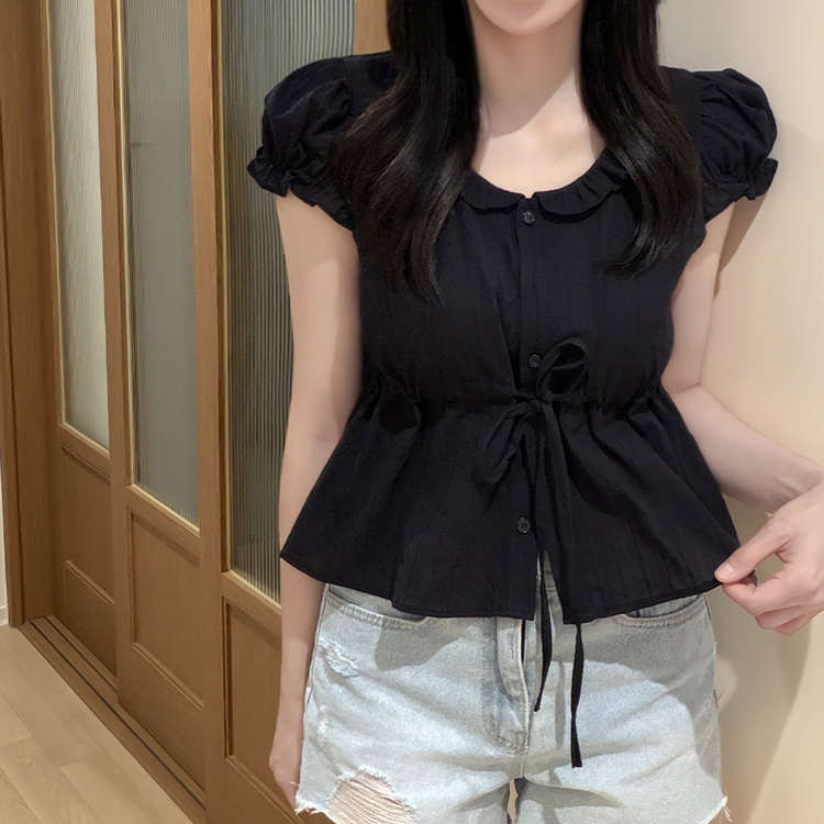 パンチングレースリボンパフブラウス BLACK