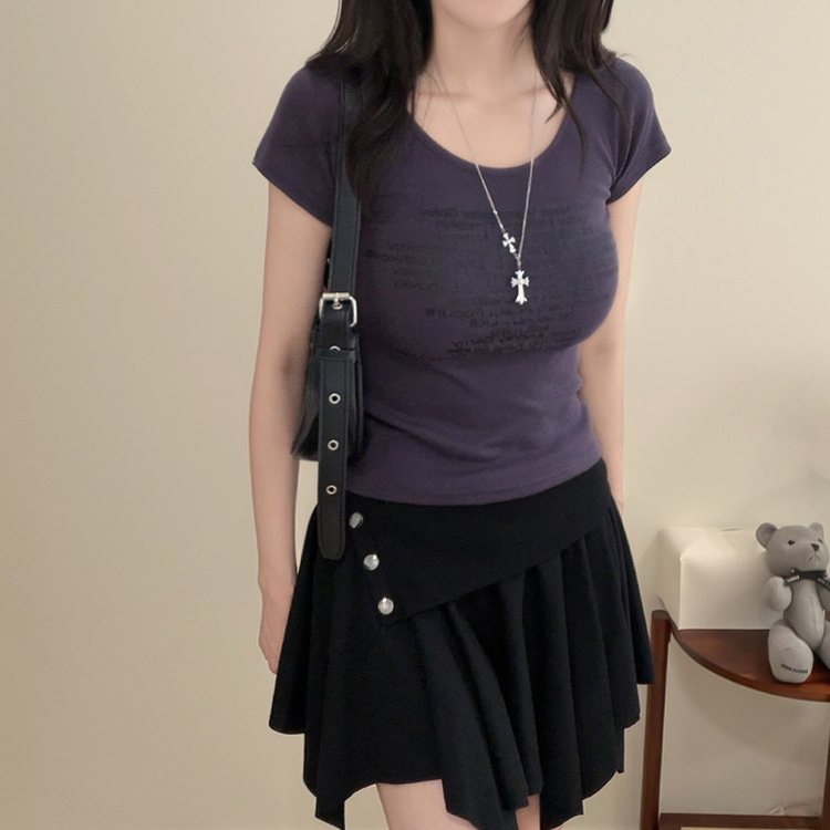 シャーリングUネックスリム半袖Tシャツ(5color) PURPLE