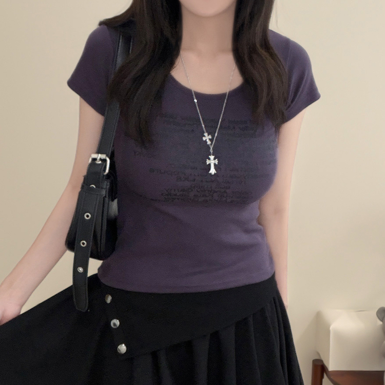 シャーリングUネックスリム半袖Tシャツ(5color) PURPLE