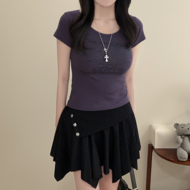シャーリングUネックスリム半袖Tシャツ(5color) PURPLE