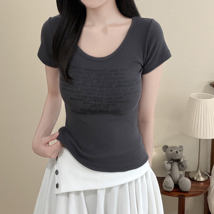 シャーリングUネックスリム半袖Tシャツ(5color) CHARCOAL