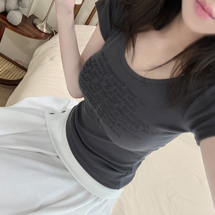 シャーリングUネックスリム半袖Tシャツ(5color) CHARCOAL