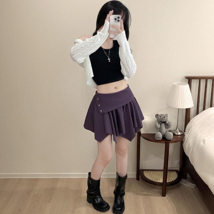 ボタンアシメフリルプリーツミニスカート(5color) PURPLE