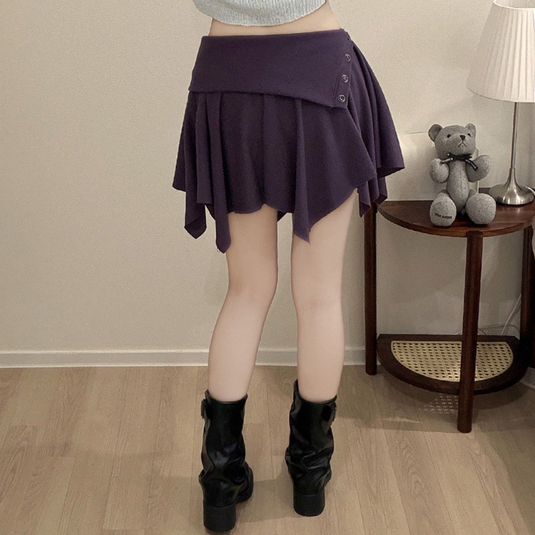 ボタンアシメフリルプリーツミニスカート(5color) PURPLE