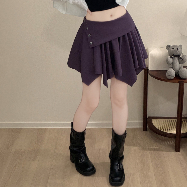 ボタンアシメフリルプリーツミニスカート(5color) PURPLE