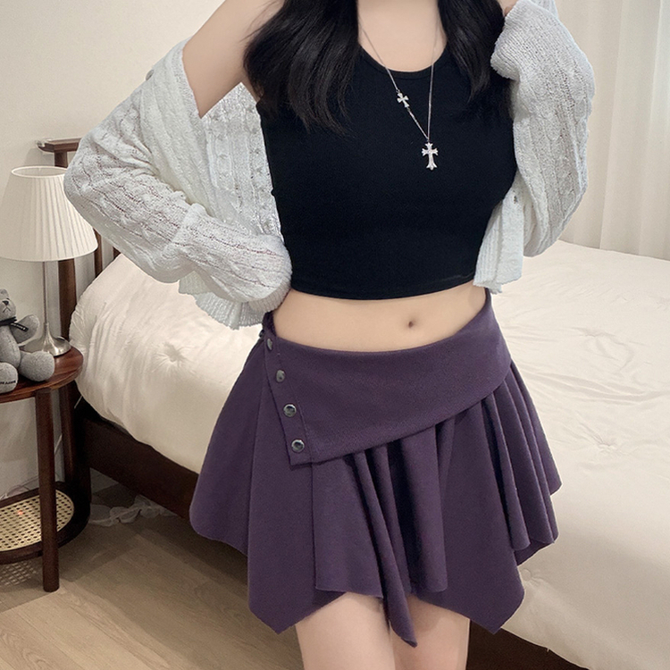 ボタンアシメフリルプリーツミニスカート(5color) PURPLE