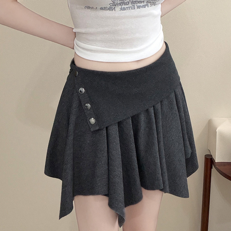 ボタンアシメフリルプリーツミニスカート(5color) CHARCOAL