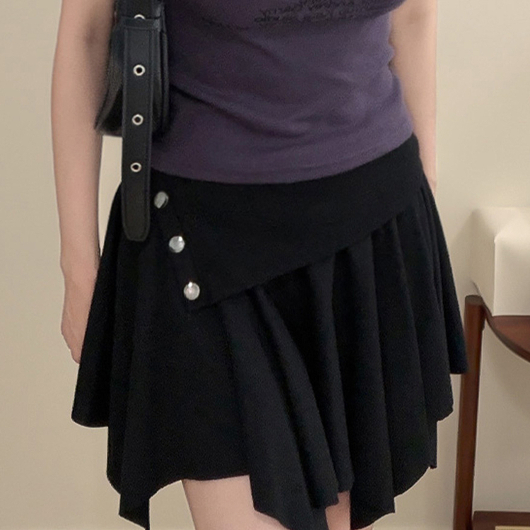 ボタンアシメフリルプリーツミニスカート(5color) BLACK