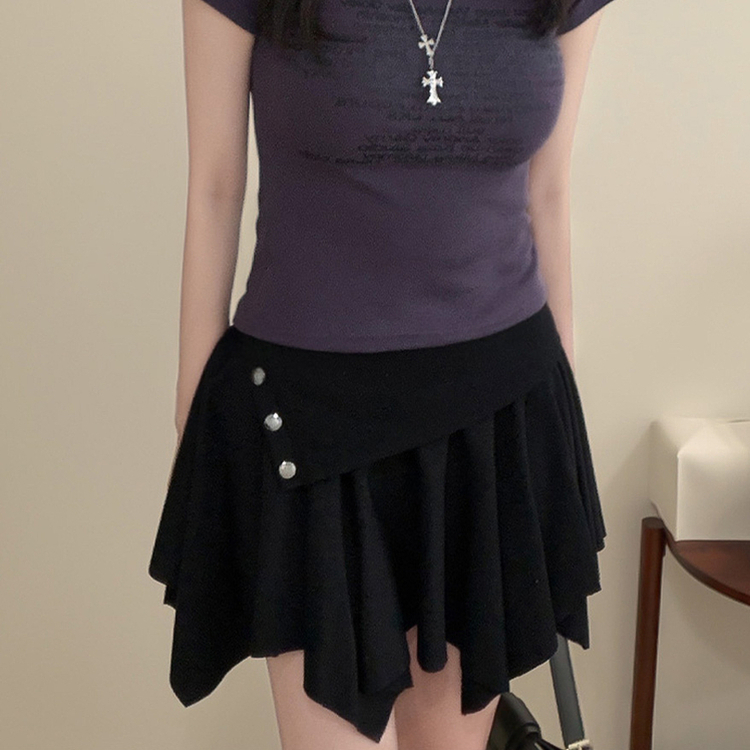 ボタンアシメフリルプリーツミニスカート(5color) BLACK