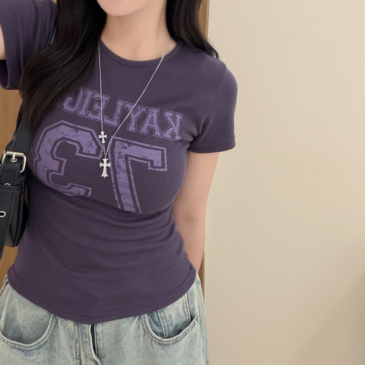ラウンドサイドシャーリングレタリングTシャツ PURPLE