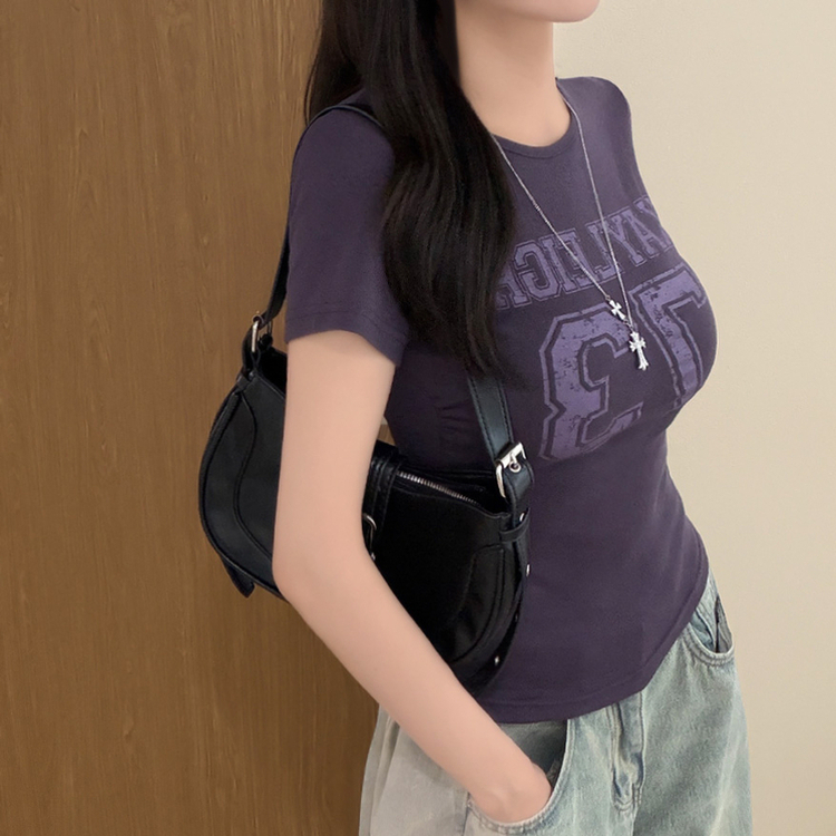 ラウンドサイドシャーリングレタリングTシャツ PURPLE