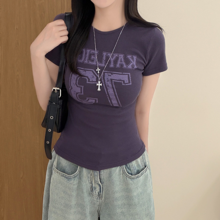 ラウンドサイドシャーリングレタリングTシャツ PURPLE