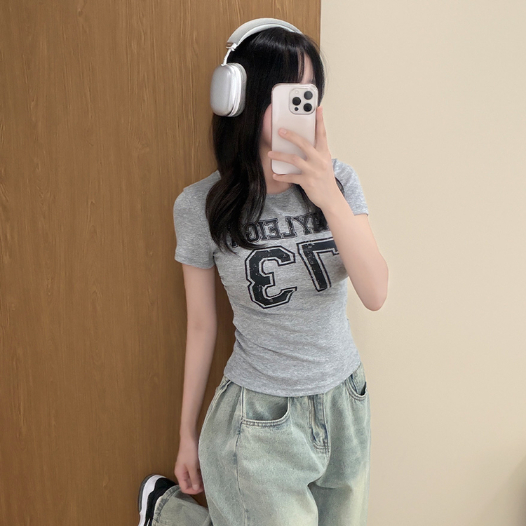 ラウンドサイドシャーリングレタリングTシャツ MELANGE